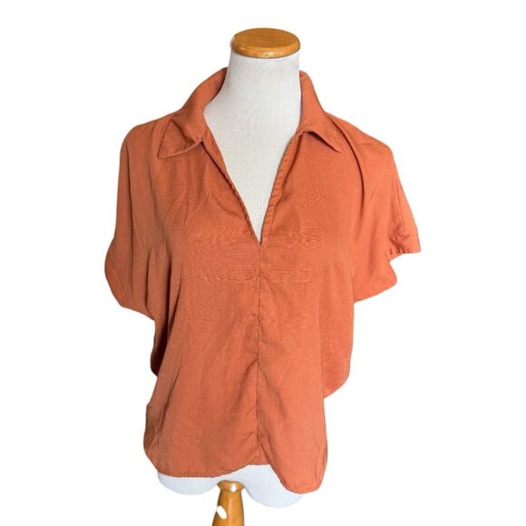 Womens Shein Pumpkin Orange Split Neck Flowy Top Blouse - Sz S - Picture 1 of 1